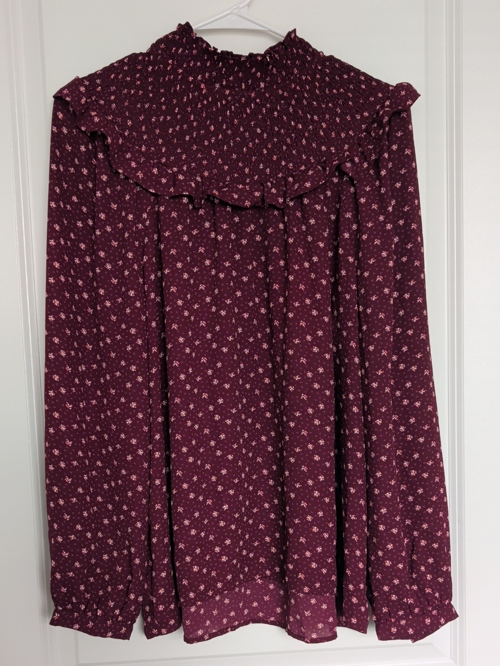 LOFT Wine Floral Long-Sleeve Blouse with Ruffle Yoke